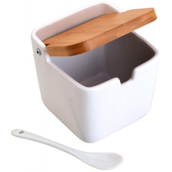 Saleiro 9x9,5x8,5cm De Mesa De Ceramica Com Tampa De Bambu E Colher Bianco